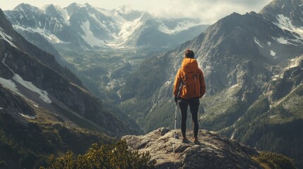 A lone hiker pauses to admire the panoramic mountain vista.