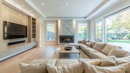 A spacious family room with a large sectional sofa, a fireplace, and a wall-mounted TV.