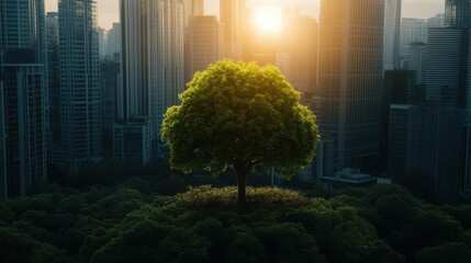 Solitary Tree Amidst Urban Skyscrapers at Sunset, Symbolizing Nature's Resilience in Modern Cityscape