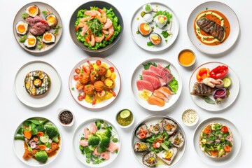 set of various plates of food isolated on a white background  top view