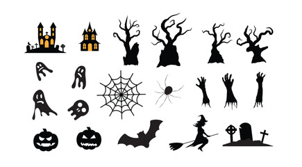 Halloween Objects and Characters Silhouettes Set. Seasonal national holiday concept vector
