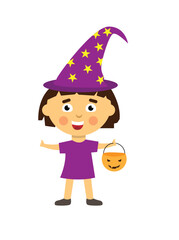 Happy Halloween Girl Dressed as Magician with a Carved Pumpkin Bucket. Seasonal national holiday character concept vector