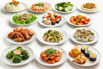 Various food plates isolated on white background.