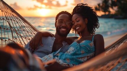 Happy couple relaxing in a hammock