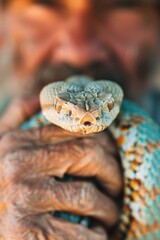 Fototapeta premium Close-up of a man holding a green tree python