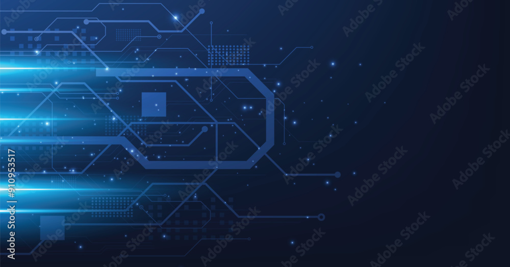 Poster Circuit board blue technology background.Vector abstract technology illustration Circuit board on dark blue background.High-tech circuit board connection system concept.	