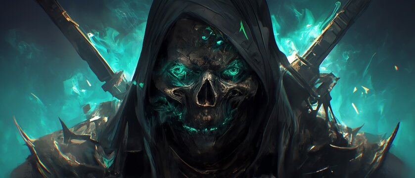 hyper realistic highly detailed eldritch death warlock with a black hood on