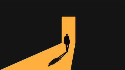 Silhouette of Businessman Entering Lit Door Passage in Darkness. Business people and concepts vector art © Eugen