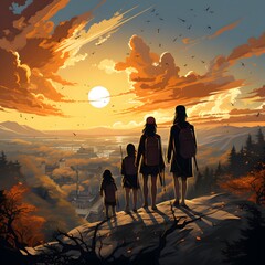 Four Silhouettes Against a Dramatic Sunset. Four figures stand in silhouette against a breathtaking sunset, overlooking a vast landscape. The warm colors of the sky create a sense of tranquility.