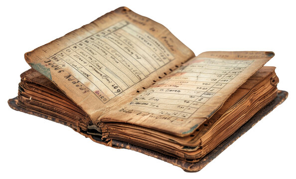 Old ledger book with handwritten entries isolated on transparent background