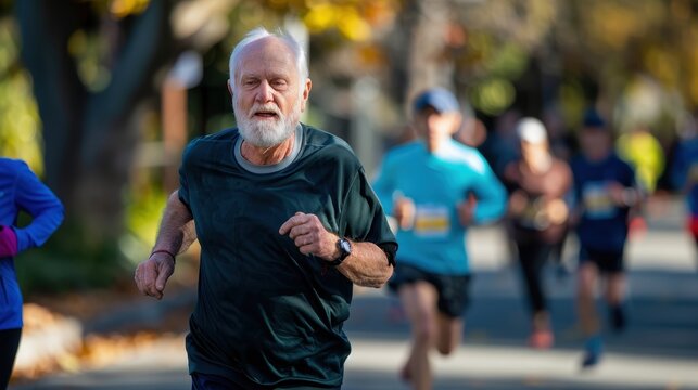 An older man runs energetically alongside other participants in a charity race surrounded by autumn foliage