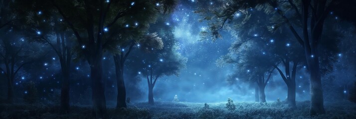 Obraz premium A magical night scene featuring a starry sky over a serene forest, creating a dreamy and mystical atmosphere filled with wonder.