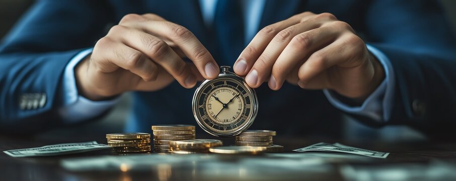 Businessman show   icon of clock and money