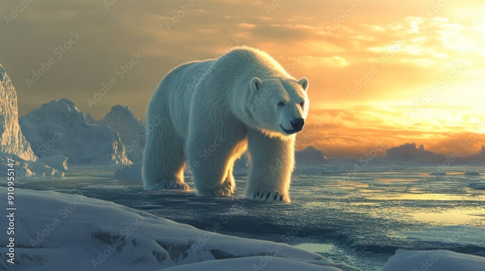 Wall mural Polar Bear Walking on Ice in a Golden Sunset