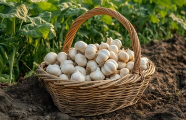 A basket full of garlic lay on the ground next to a plowrow in a garden