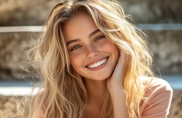 Naklejka premium A cheerful young woman with flowing blonde hair, laughing on urban park steps