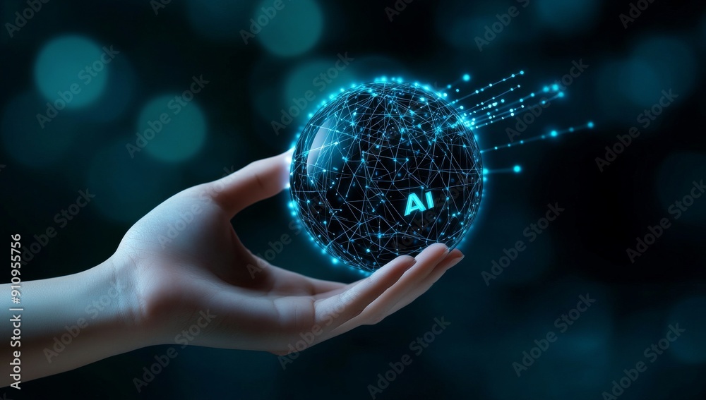 Poster representing the integration and interaction between humans and artificial intelligence technology.