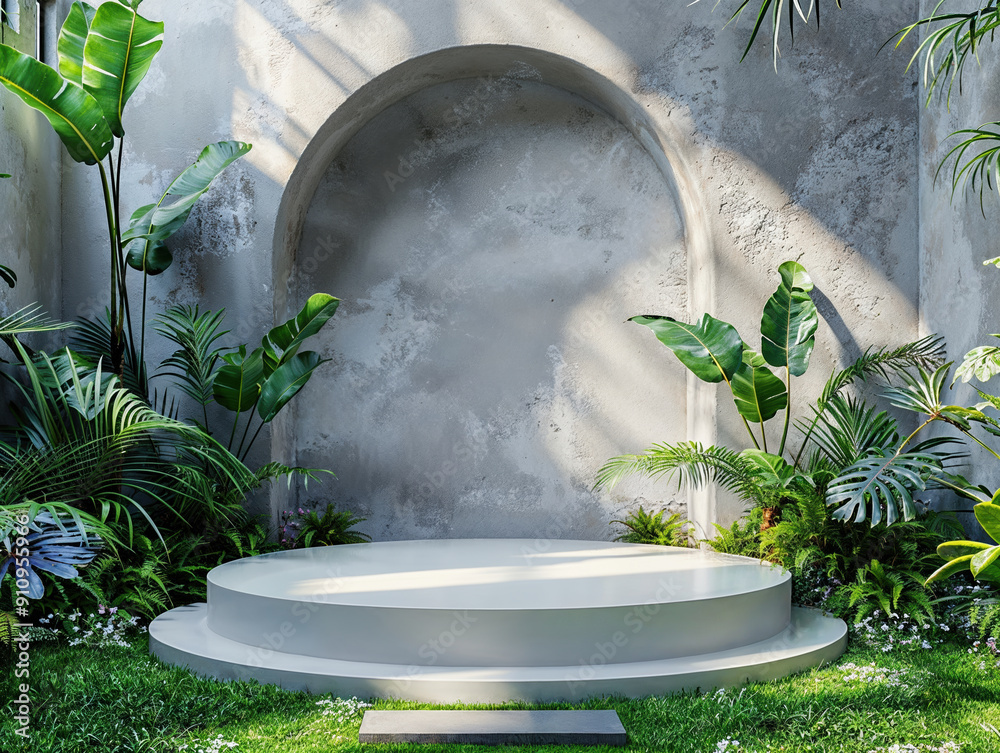 Aufkleber empty round podium displaying product with tropical plants and sunlight background, for product pres