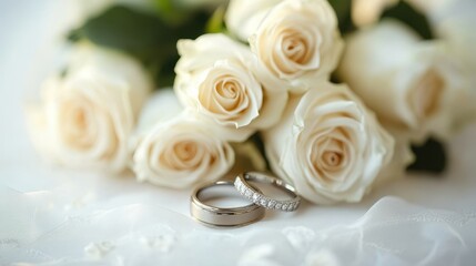 Obraz premium Wedding rings on the wedding bouquet of white roses,capturing the elegance and significance of a couple's love and commitment, Wedding concept.