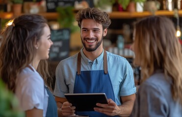 A cheerful waitress serves two young women at a cozy coffee shop with friendly service