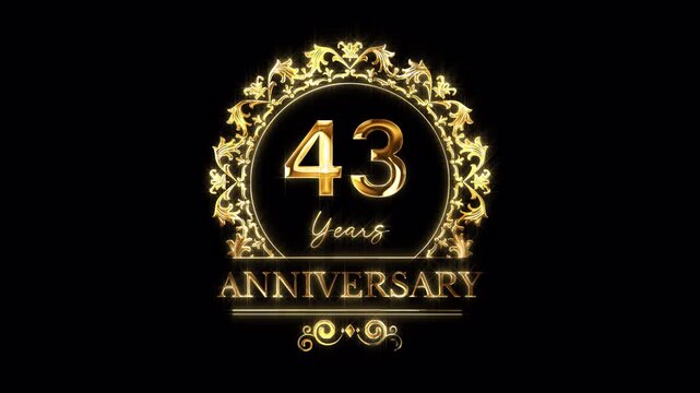 43rd Anniversary Celebration. Happy 43 Years Anniversary Animation in Gold Color on the Transparent Background, Alpha Channel. Great for greetings, celebrations, events, and gifts.