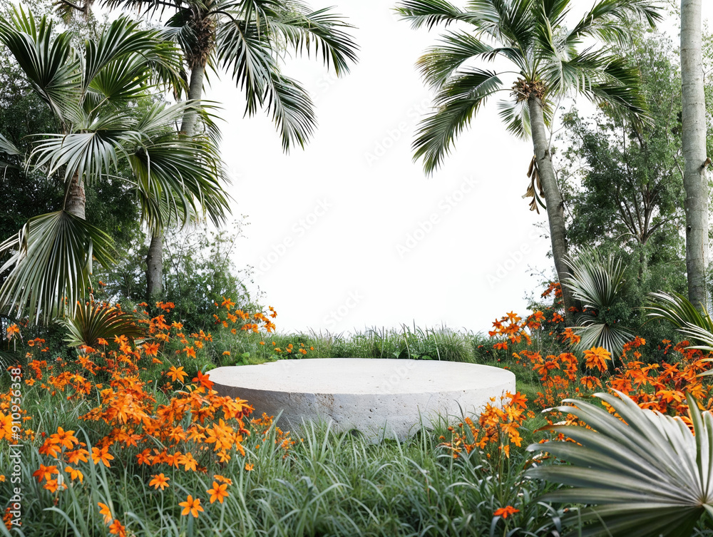 Poster Empty concrete podium with palm trees and orange flowers isolated on white background
