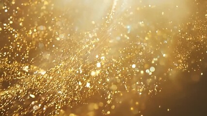 Glimmering golden particles fill the air, creating a magical atmosphere during an evening celebration under soft lighting