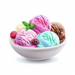 A bowl of ice cream scoops, a delightful dessert item, captured in a digital painting with colorful flavors, isolated on a white background.