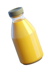 A bottle of refreshing orange juice with a green lid on white