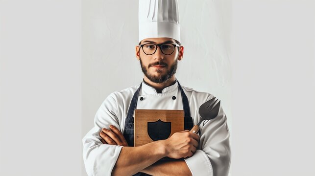 Chef holds a virtual shield with a spatula icon in one hand and a virtual cookbook icon with the other minimalistic drawing drawing without light