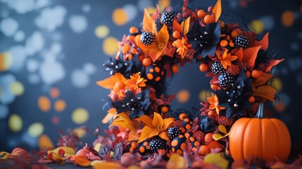 Whimsical Halloween Polka Dot Wreath in Cartoon Style with Bright Starburst Colors and Natural Light