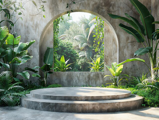 Empty round podium with tropical plants showing lush green plants perfect for placing your product