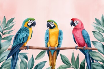 Obraz premium Parrots, perched on branches, surrounded by vibrant tropical colors, depicted in a watercolor style.