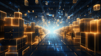 warehouse technology of the future, warehouse program, neon background, futuristic computer graphics design