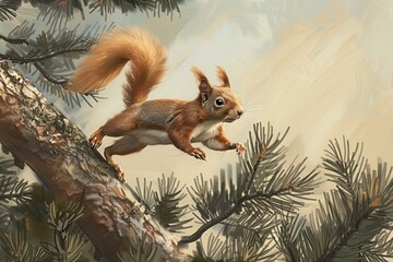 A playful red squirrel leaping from branch to branch in a pine tree forest.