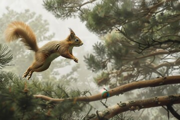 A playful red squirrel leaping from branch to branch in a pine tree forest.