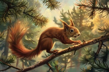 A playful red squirrel leaping from branch to branch in a pine tree forest.