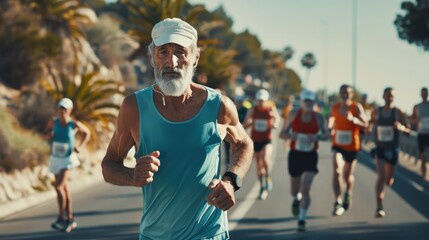 An elderly man runs determinedly in a marathon alongside other participants under clear skies