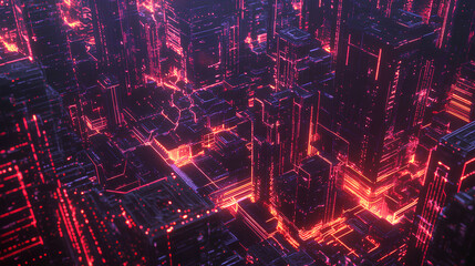 Obraz premium Neon-Lit Futuristic City Constructed from Binary Code and Data Streams