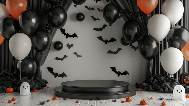 Podium for Halloween with ballloon,ghost, candle,pumpkin and bat,poster flyer design,halloween banner. Happy halloween minimal scene for products showcase, Promotional display,Stage for product.