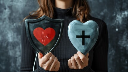 Businesswoman holds a virtual shield with a heart icon in one hand and a virtual medical cross with the other minimalistic drawing drawing without light