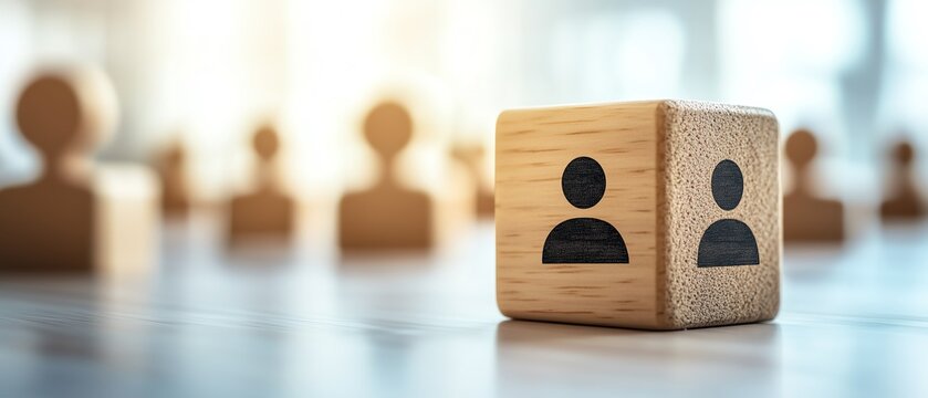 Customer relationship management concept Wooden block with a heart icon connected to human icons, symbolizing customer care and loyalty, isolated on a white background