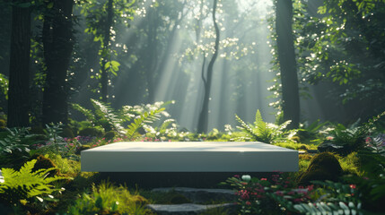 Podium mockup,  A blank podium is positioned in a serene, sunlit forest, surrounded by ferns and wildflowers. The calm environment, with soft rustling leaves, provides an inspiring