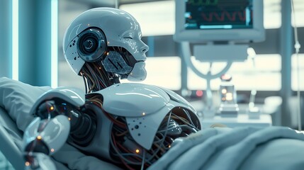 Fototapeta premium AI Robot Assisted Patient Care in Futuristic Hospital with Advanced Medical Technology