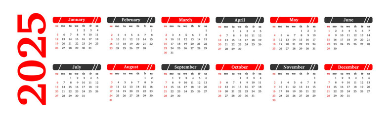 Calendar for 2025 isolated on a white background