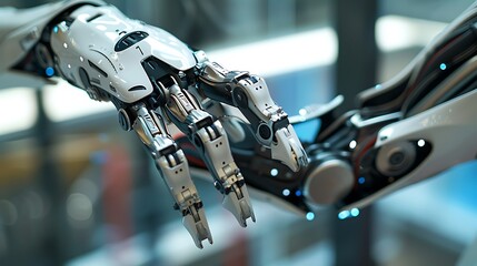 Fototapeta premium Future of Medicine: AI Robot in Advanced Prosthetics Lab Creating Artificial Limbs