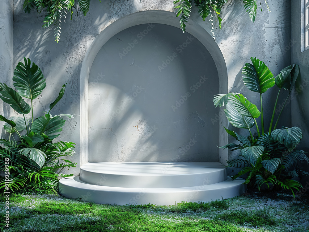 Aufkleber Empty podium with concrete arch for product presentation with tropical plants background