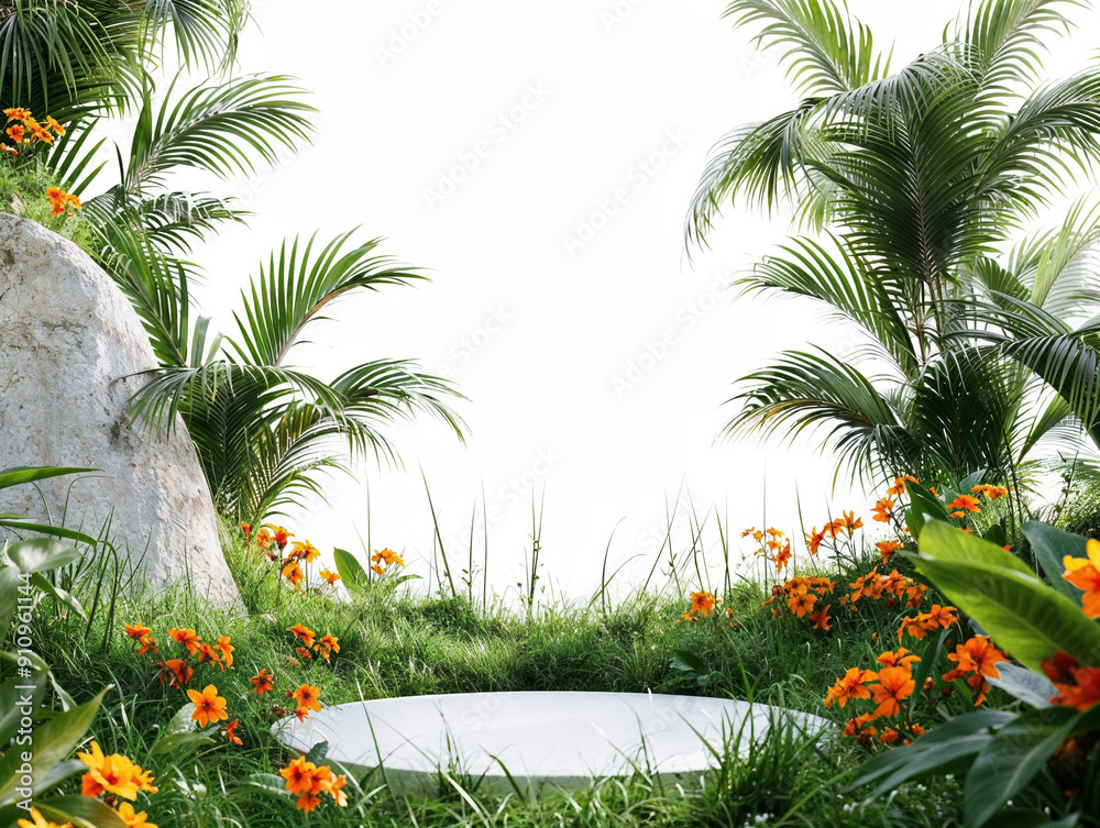 Poster Empty podium with flowers and palm trees displaying on white background