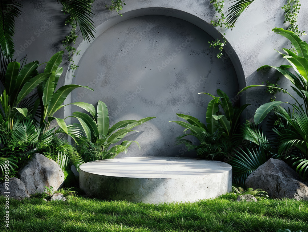 Poster empty concrete podium displaying with green tropical plants and green grass field on concrete wall b