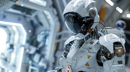 Fototapeta premium Futuristic AI Robot Conducting Maintenance on Space Station in Zero-Gravity Environment with Astronaut Interaction